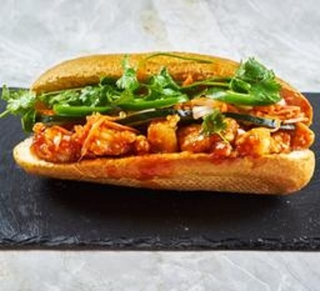 Hot Honey Sriracha Fried Shrimp Banh Mi.